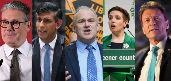 Composite image of some of the UK's party leaders, including: Keir Starmer of Labour, Rishi Sunak of the Conservatives, Ed Davey of the Lib Dems, Carla Denyer of Greens, and Richard Tice of Reform UK
