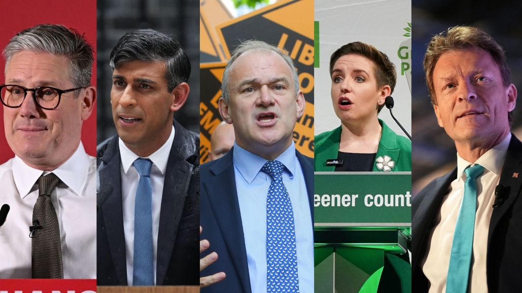 Composite image of some of the UK's party leaders, including: Keir Starmer of Labour, Rishi Sunak of the Conservatives, Ed Davey of the Lib Dems, Carla Denyer of Greens, and Richard Tice of Reform UK