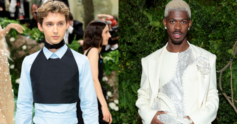 Troye Sivan (left) and Lil Nas X (right) shared a red carpet moment at the Met Gala. (Getty)
