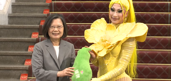 Nymphia Wind celebrated her Drag Race win. (presidentialoffice/YouTube)