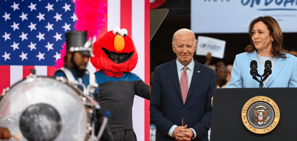 Elmo appeared to head up the Biden-Harris rally. (Getty)