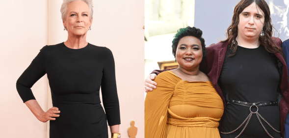 Jamie Lee Curtis (left) officiate her daughter Ruby (right) and partner Kynthia's (centre) wedding. (Getty)