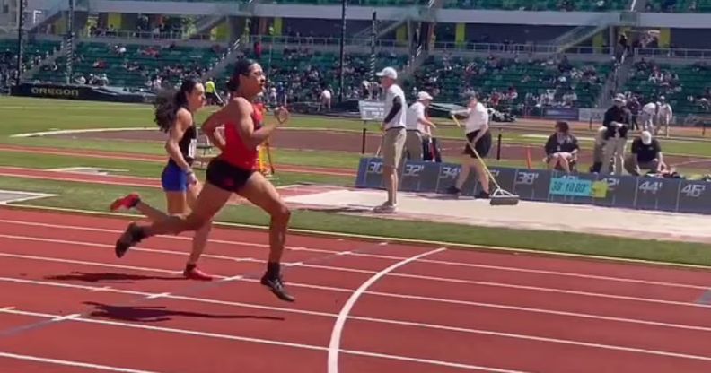 Trans athlete Aayden Gallagher running at the Oregon state track championships.