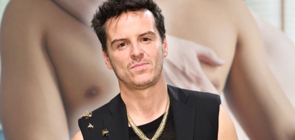 Andrew Scott in a vest top against a blurred background of two men touching each other's chests.