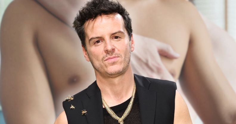 Andrew Scott in a vest top against a blurred background of two men touching each other's chests.