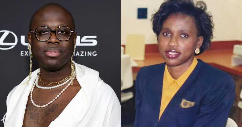 A composite of Bob the Drag Queen at a red carpet event out of drag, next to an old photo of his mother, Martha Caldwell