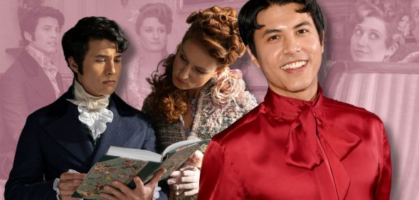 Bridgerton star James Phoon in a red shirt, smiling. On the left of him is a still from season three of Bridgerton, featuring James' character Harry Dankworth and his wife Prudence Featherington.