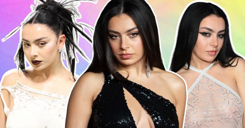 Three photos of charli xcx against a rainbow background.