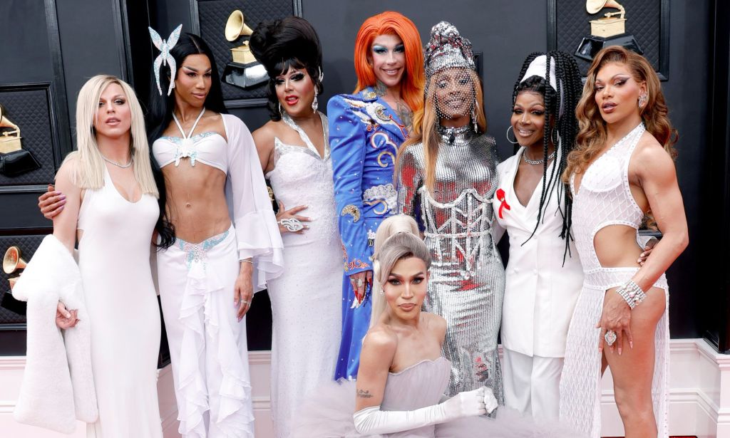 The cast of RuPaul's Drag Race Live at the 2022 Grammy Awards.