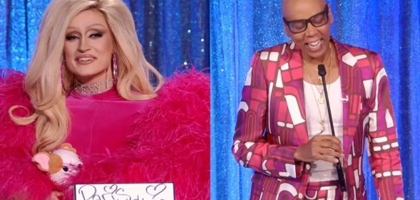 Left image shows Gottmik dressed as Paris Hilton on Snatch Game and RuPaul laughing on the right