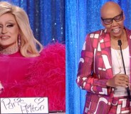 Left image shows Gottmik dressed as Paris Hilton on Snatch Game and RuPaul laughing on the right