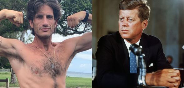 Jack Schlossberg poses shirtless (left) and John F Kennedy on his first day as president.