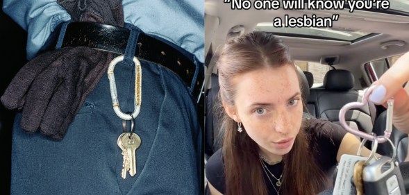 a carabiner with keys hanging from a belt buckle and a woman in a car holding up her carabiner with the text 'no one will know you're a lesbian' above.