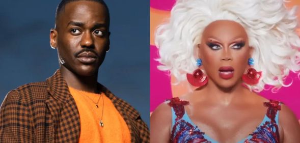 Ncuti Gatwa (left) in a promo shot for Doctor Who. RuPaul in a still from Drag Race.