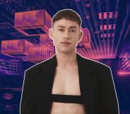 Olly Alexander's Eurovision promo image with a white border against a purple version of the Eurovision stage.