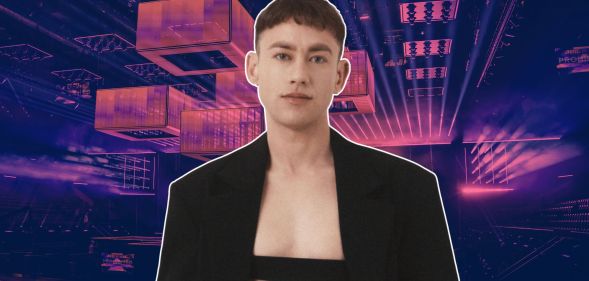 Olly Alexander's Eurovision promo image with a white border against a purple version of the Eurovision stage.