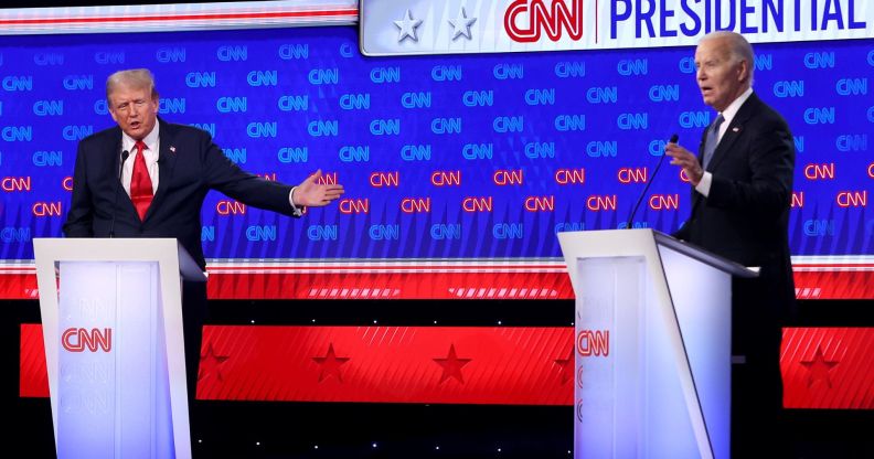 US President Joe Biden and Republican presidential candidate, former President Donald Trump participate in the CNN Presidential Debate at the CNN Studios on June 27, 2024 in Atlanta, Georgia