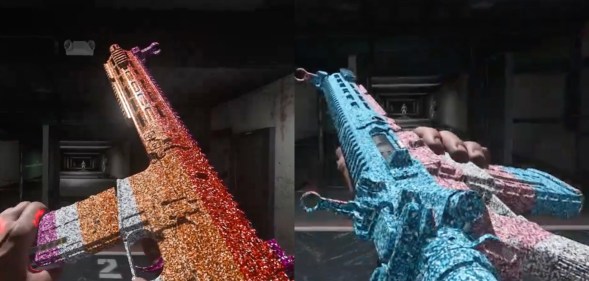 The Call of Duty Pride Month pride skins: one gun with the lesbian flag and another with the trans flag