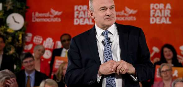 LONDON, ENGLAND - JUNE 10: Leader of the Liberal Democrats Ed Davey speaks at the party's manifesto launch on June 10, 2024 in London, England. The Liberal Democrats will campaign for closer ties with the EU and put social care and health at the centre of its manifesto for the General Election on July 4th. (Photo by Jack Taylor/Getty Images)