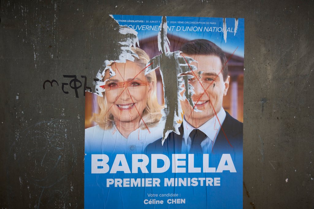 Posters bearing the faces of Marine Le Pen (left) and Jordan Bardella (right)