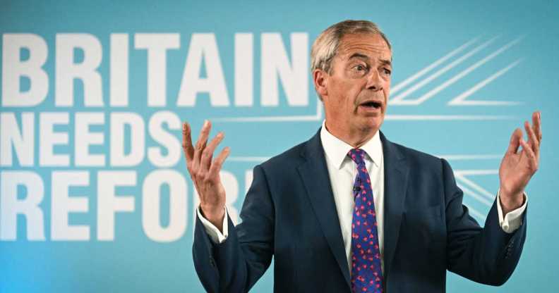 Leader of Reform UK Nigel Farage delivers a speech to launch the hard-right party's general election manifesto in Merthyr Tydfil, south Wales, on June 17, 2024, in the build-up to the UK general election on July 4. (Photo by JUSTIN TALLIS / AFP) (Photo by JUSTIN TALLIS/AFP via Getty Images)