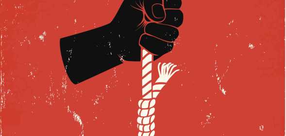 Red and black poster with hand and gallows