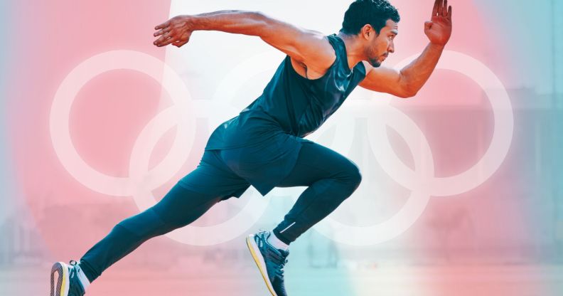 An athlete running infront of an Olympic symbol, photoshopped.