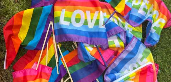 Vandalised Pride flags lay on the floor.