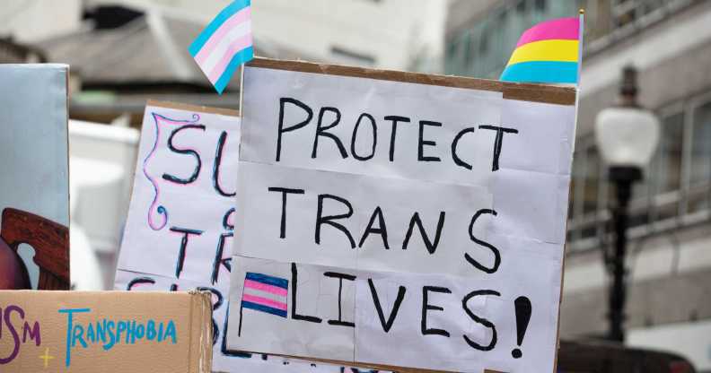 a placard reading protect trans lives