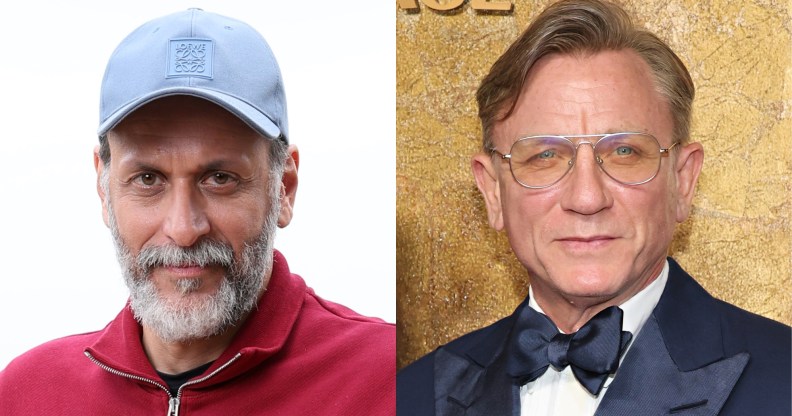 headschots of Luca guadanino wearing a blue cap and red sweater. Daniel Craig wearing glasses and a suit and bowite.