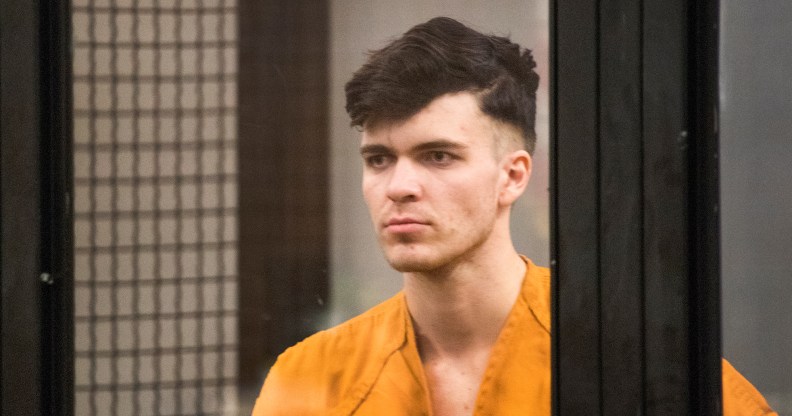 A picture of Sam Woodward in a cell box during a court case.