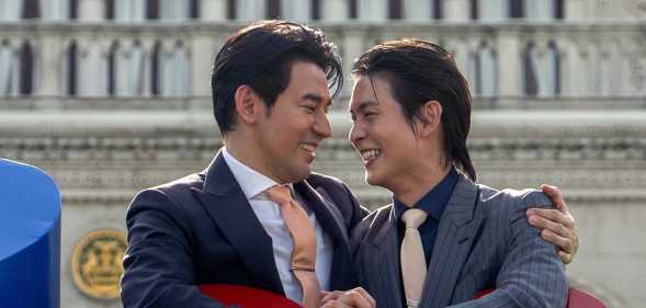 Members of the LGBTQ community celebrate after the Thai parliament passed the final senatorial vote on the same-sex marriage bill, at Government House in Bangkok on 18 June, 2024.