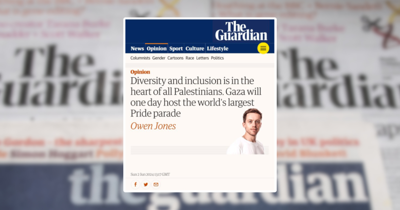 An image, with a headline claiming gay columnist Owen Jones has written a piece about a record-breaking Pride parade in Gaza, is a fake.