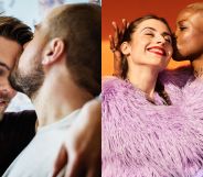 a gay couple with one man kissing the other (MLM) and a lesbian couple with one woman kissing the other on the face (WLW)