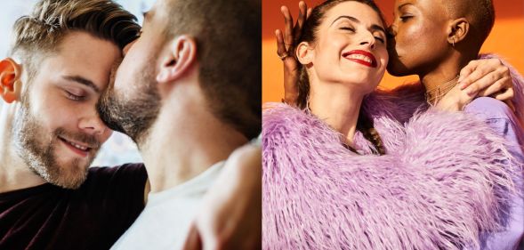 a gay couple with one man kissing the other (MLM) and a lesbian couple with one woman kissing the other on the face (WLW)