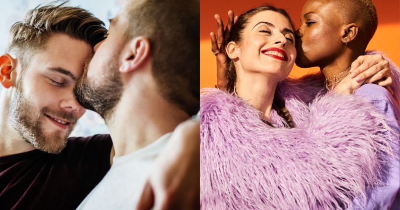 a gay couple with one man kissing the other (MLM) and a lesbian couple with one woman kissing the other on the face (WLW)