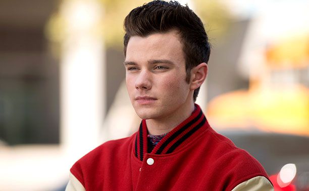 Glee's Chris Colfer in an episode, wearing a baseball jacket