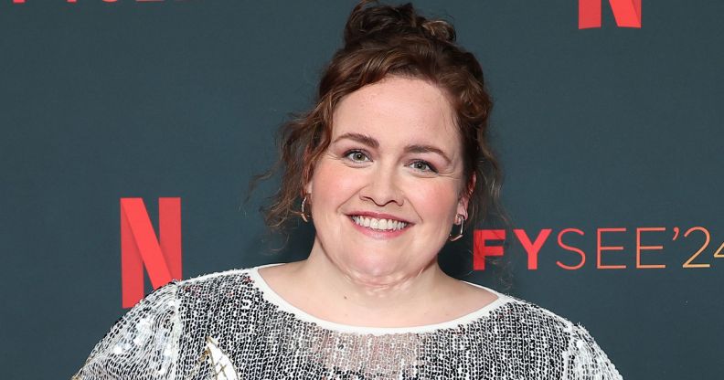 Baby Reindeer actress Jessica Gunning in a white and silver dress, smiling.