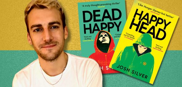 An image featuring author Josh Silver and his books Dead Happy and Happy Head against a yellow and green background.