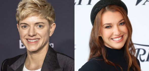 Mae Martin (left) and Parvati Shallow (right) smile while posing at separate red carpet events.