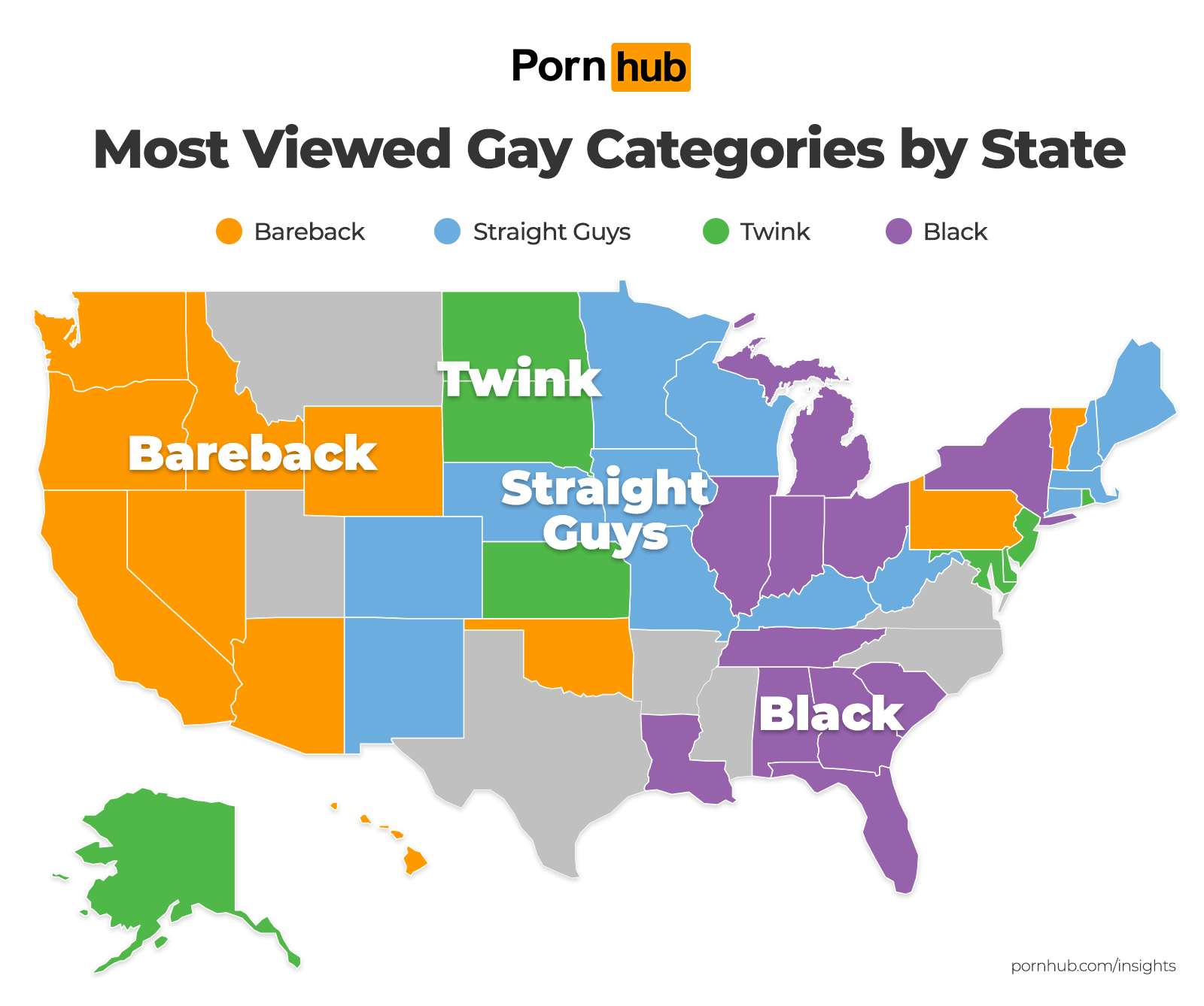 Pornhub's most-viewed gay porn categories in each US state