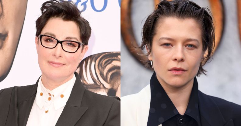 Sue Perkins and Emma D'Arcy on separate red carpets posing for photos.