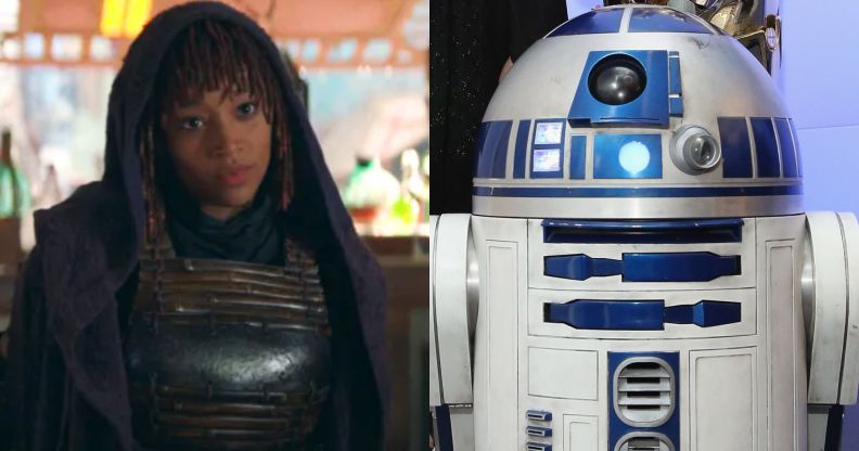 Amandla Stenberg in Star Wars The Acolyte and robot R2-D2.
