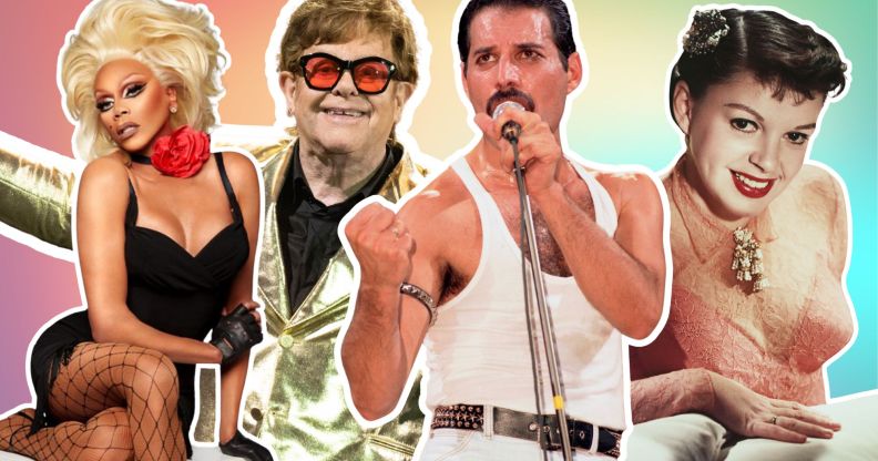 RuPaul, Elton John, Freddie Mercury, and Judy Garland against a rainbow background.