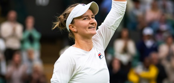 LONDON, ENGLAND - JULY 08: Barbora Krejcikova of the Czech Republic celebrates defeating Danielle Collins of the United States in the fourth round on Day Eight of The Championships Wimbledon 2024 at All England Lawn Tennis and Croquet Club on July 08, 2024 in London, England (Photo by Robert Prange/Getty Images)