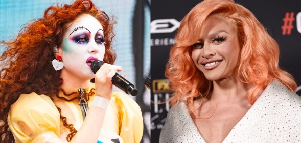 Chappell Roan singing on stage with dramatic make up and a yellow dress. Sasha Colby posing on a red carpet with pink-orange hair and a sparkling white dress.