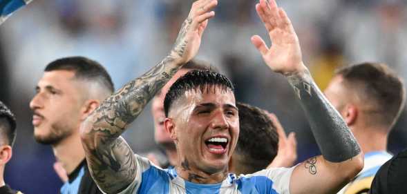 Enzo Fernandez celebrates after the Copa America 2024 semifinal match.