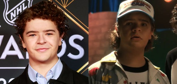 Gaten Matarazzo arrives on the red carpet and a still of him as Dustin in Stranger Things