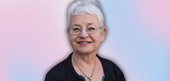 Author Jacqueline Wilson against a pink and blue background.