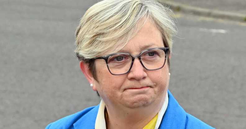 Edinburgh South West candidate Joanna Cherry greets First Minister John Swinney on an election campaign visit to an Asda supermarket, on June 12, 2024, in Edinburgh, Scotland.